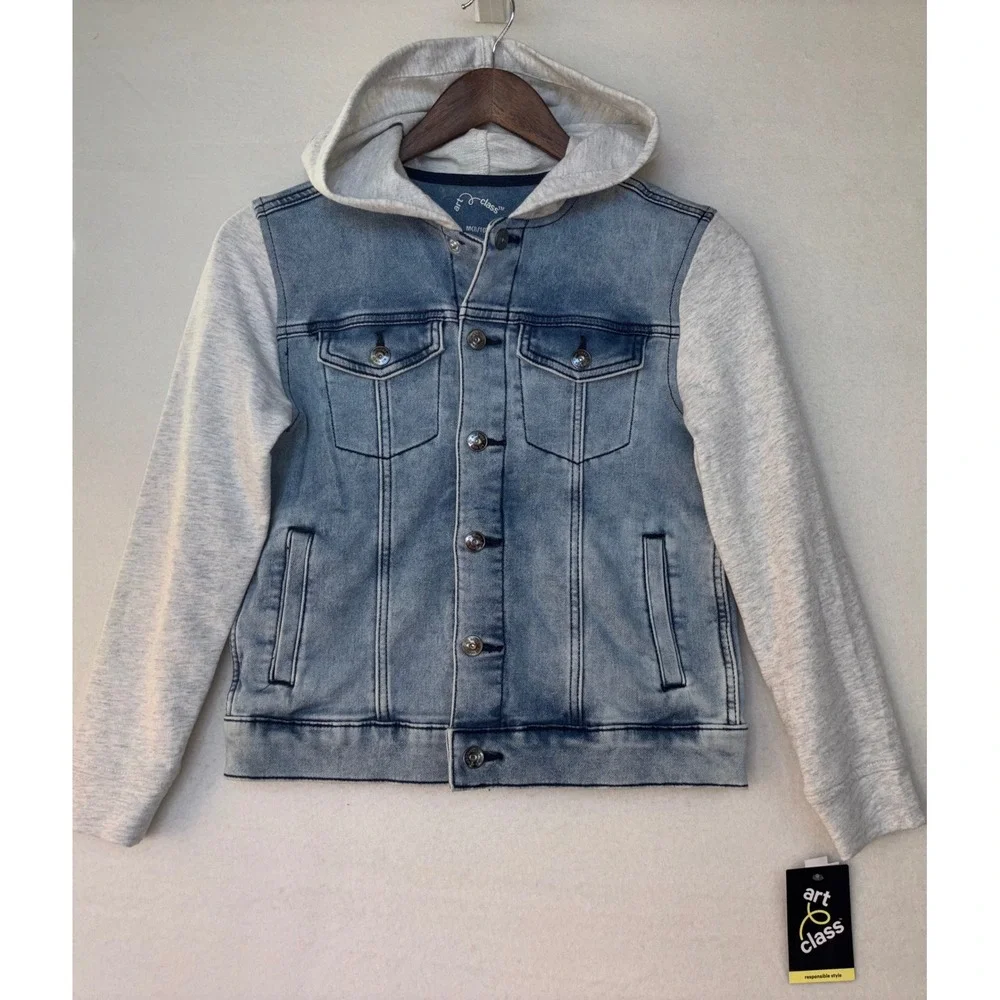 ART CLASS Boys Denim Jacket Jean Sweatshirt Hooded Medium‎ Light Wash Grey 8 10